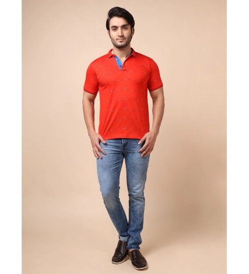 Men's Casual Cotton Printed Polo Neck Half Sleeve T-Shirt (Red)