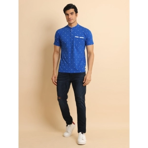 Generic Men's Casual Cotton Printed Mandarin Collar Half Sleeve T-Shirt (Blue)