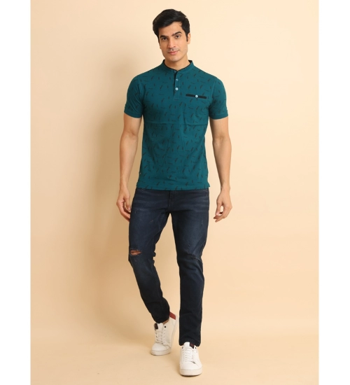 Men's Casual Cotton Printed Mandarin Collar Half Sleeve T-Shirt (Green)