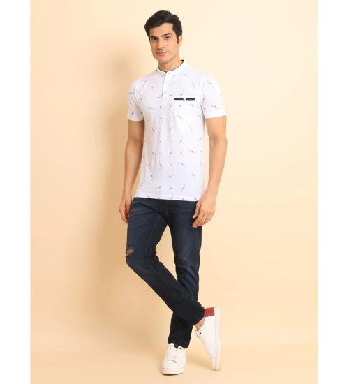 Men's Casual Cotton Printed Mandarin Collar Half Sleeve T-Shirt (White)