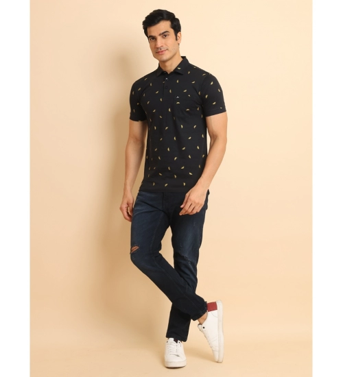 Men's Casual Cotton Printed Polo Neck Half Sleeve T-Shirt (Black)