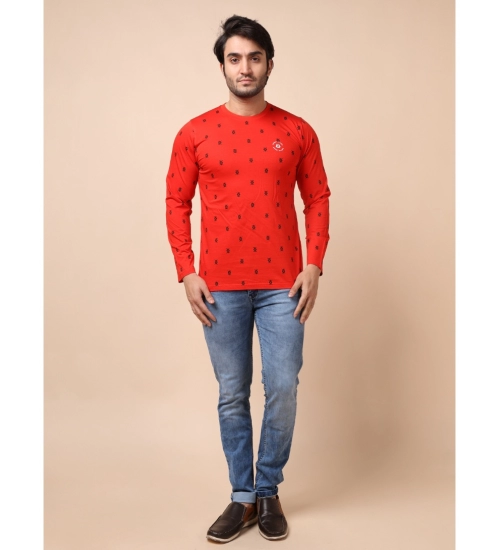 Men's Casual Cotton Printed Round Neck Full Sleeve T-Shirt (Red)