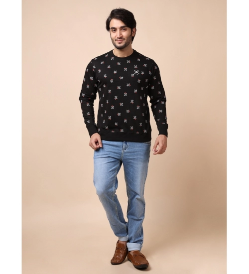 Men's Casual Cotton Printed Round Neck Full Sleeve Sweat T-Shirt (Black)