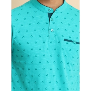 Generic Men's Casual Cotton Printed Mandarin Collar Half Sleeve T-Shirt (Seagreen)