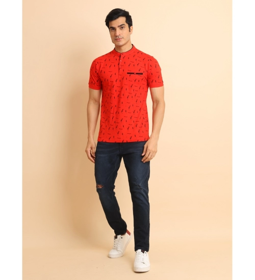 Men's Casual Cotton Printed Mandarin Collar Half Sleeve T-Shirt (Red)
