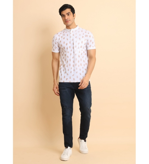 Men's Casual Cotton Printed Mandarin Collar Half Sleeve T-Shirt (White)
