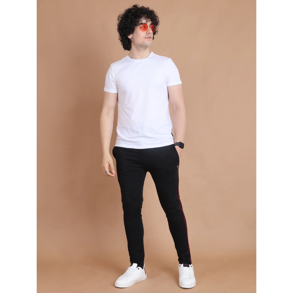 Men's Casual Cotton Striped Full Length Track Pant (Black)