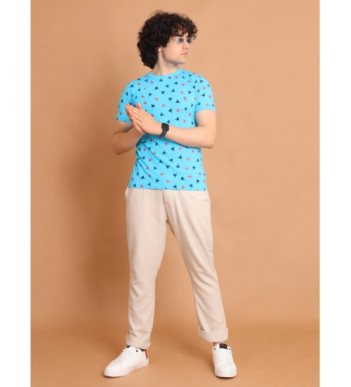 Men's Casual Cotton Printed Round Neck Half Sleeve T-Shirt (Skyblue)