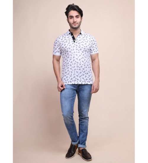 Men's Casual Cotton Printed Polo Neck Half Sleeve T-Shirt (White)