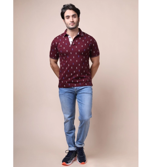 Men's Casual Cotton Printed Polo Neck Half Sleeve T-Shirt (Plum)