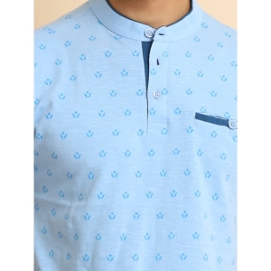 Generic Men's Casual Cotton Printed Mandarin Collar Half Sleeve T-Shirt (Skyblue)