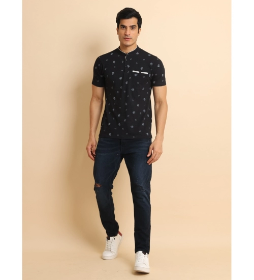 Men's Casual Cotton Printed Mandarin Collar Half Sleeve T-Shirt (Black)