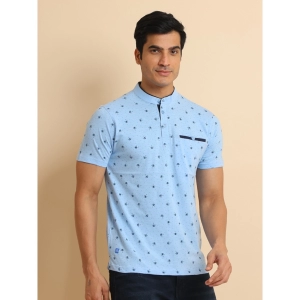 Generic Men's Casual Cotton Printed Mandarin Collar Half Sleeve T-Shirt (Skyblue)