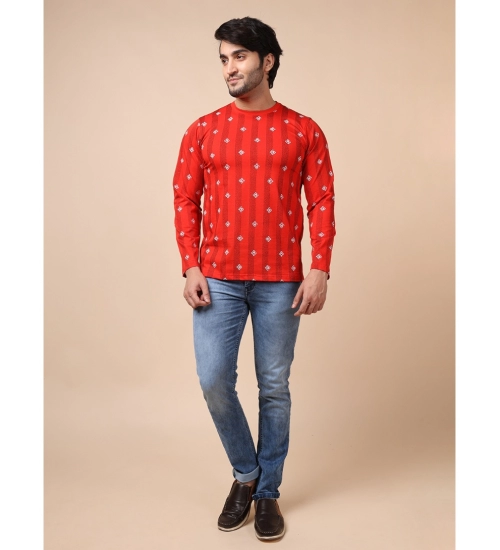 Men's Casual Cotton Printed Round Neck Full Sleeve T-Shirt (Red)