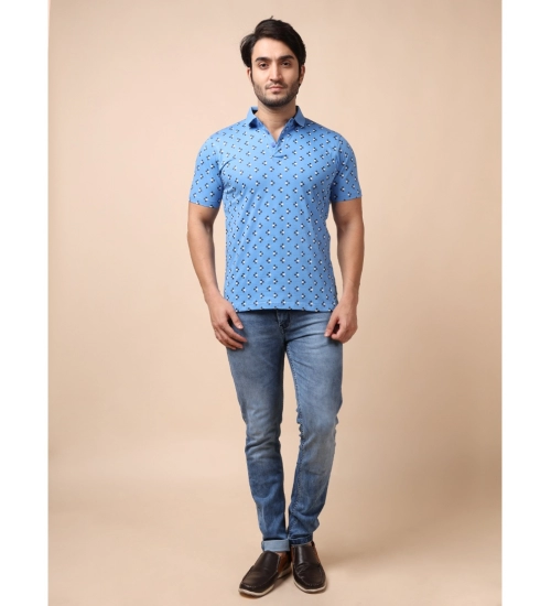 Men's Casual Cotton Printed Polo Neck Half Sleeve T-Shirt (Blue)