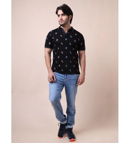 Men's Casual Cotton Printed Polo Neck Half Sleeve T-Shirt (Black)