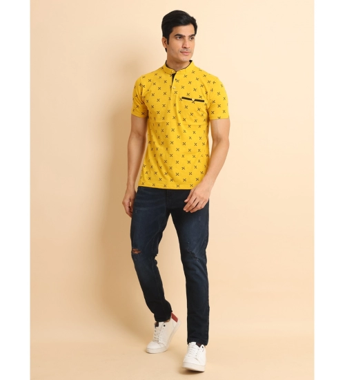 Men's Casual Cotton Printed Mandarin Collar Half Sleeve T-Shirt (Mustard)