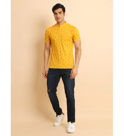 Men's Casual Cotton Printed Mandarin Collar Half Sleeve T-Shirt (Mustard)