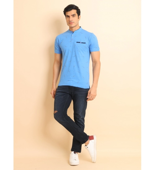 Men's Casual Cotton Printed Mandarin Collar Half Sleeve T-Shirt (LightBlue)