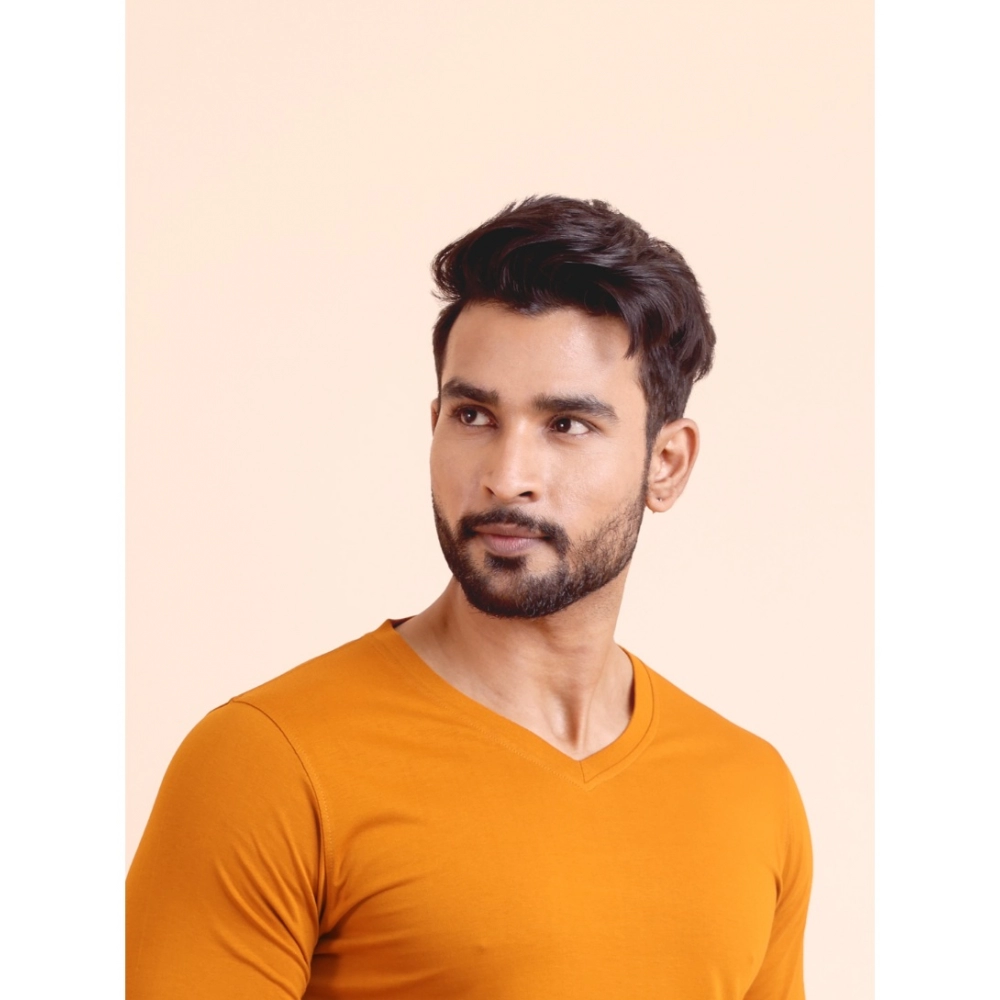 Men's Casual Cotton Solid V Neck Full Sleeve T-Shirt (Mustard) Men's Casual Cotton Solid V Neck Full Sleeve T-Shirt (Mustard)