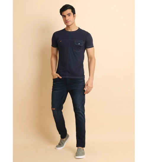 Men's Casual Cotton Solid Round Neck Half Sleeve T-Shirt (Navy)