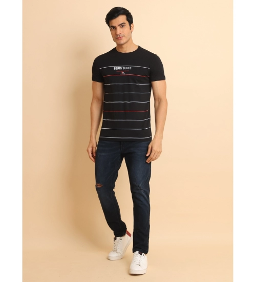 Men's Casual Cotton Printed Round Neck Half Sleeve T-Shirt (Black)