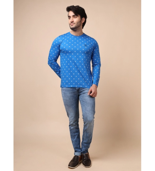 Men's Casual Cotton Printed Round Neck Full Sleeve T-Shirt (Blue)
