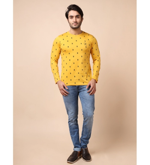 Men's Casual Cotton Printed Round Neck Full Sleeve T-Shirt (Mustard)