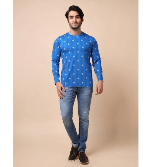 Men's Casual Cotton Printed Round Neck Full Sleeve T-Shirt (Blue)