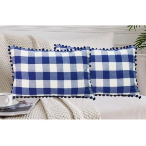 Generic Pack Of_2 Cotton Checkered Cushion Cover With Pom Pom (Blue, Size: 12x20 In)