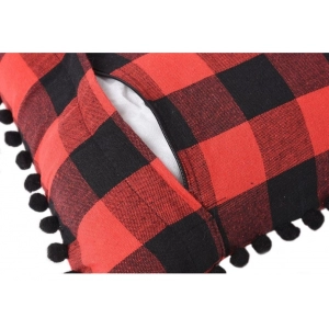 Generic Pack Of_2 Cotton Checkered Cushion Cover With Pom Pom (Red & Black, Size: 12x20 In)