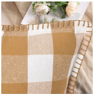 Generic Pack Of_2 Cotton Checkered Cushion Cover With Blanket Stitch (Beige, Size: 12x20 In)