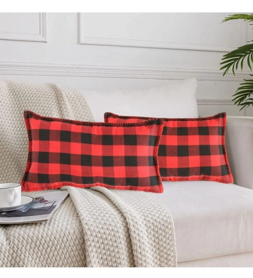 Pack Of_2 Cotton Checkered Cushion Cover With Blanket Stitch (Red & Black, Size: 12x20 In)