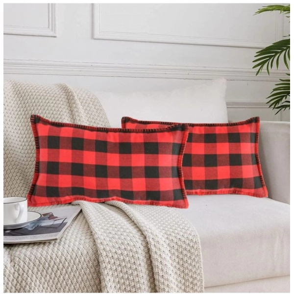 Dropship Pack Of_2 Cotton Checkered Cushion Cover With Blanket Stitch (Red &amp; Black, Size: 12x20 In)