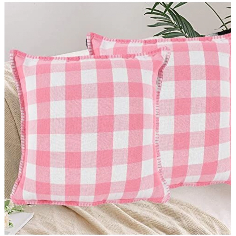 Generic Pack Of_2 Cotton Checkered Cushion Cover With Blanket Stitch (Baby Pink, Size: 16x16 In)