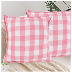 Generic Pack Of_2 Cotton Checkered Cushion Cover With Blanket Stitch (Baby Pink, Size: 16x16 In)