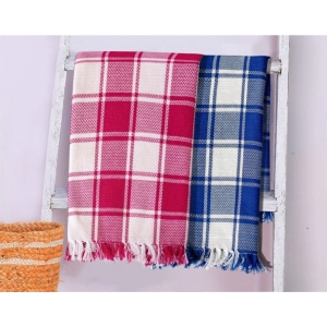 Generic Pack Of_2 Cotton Checked  Bath Towels (Blue & Red, Size: 28x59 In)