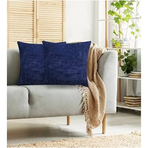 Generic Pack Of_2 Chenille Checkered Cushion Covers (Navy Blue, Size: 18x18 In)