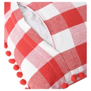 Generic Pack Of_2 Cotton Checkered Cushion Cover With Pom Pom (Red, Size: 12x20 In)