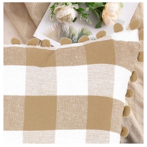 Generic Pack Of_2 Cotton Checkered Cushion Cover With Pom Pom (Beige, Size: 12x20 In)
