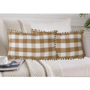 Generic Pack Of_2 Cotton Checkered Cushion Cover With Pom Pom (Beige, Size: 12x20 In)