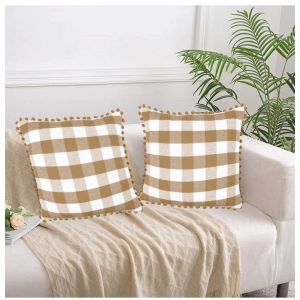 Generic Pack Of_2 Cotton Checkered Cushion Cover With Pom Pom (Beige, Size: 20x20 In)