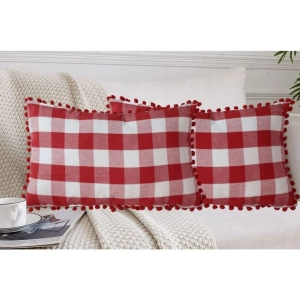 Generic Pack Of_2 Cotton Checkered Cushion Cover With Pom Pom (Red, Size: 12x20 In)