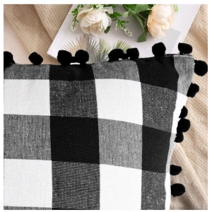 Generic Pack Of_2 Cotton Checkered Cushion Cover With Pom Pom (Black, Size: 18x18 In)