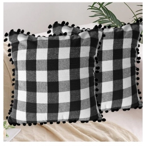 Generic Pack Of_2 Cotton Checkered Cushion Cover With Pom Pom (Black, Size: 18x18 In)