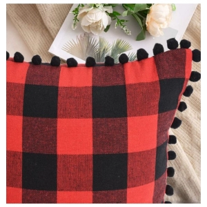 Generic Pack Of_2 Cotton Checkered Cushion Cover With Pom Pom (Red & Black, Size: 12x20 In)