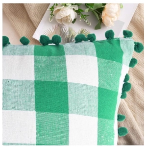 Generic Pack Of_2 Cotton Checkered Cushion Cover With Pom Pom (Green, Size: 12x20 In)