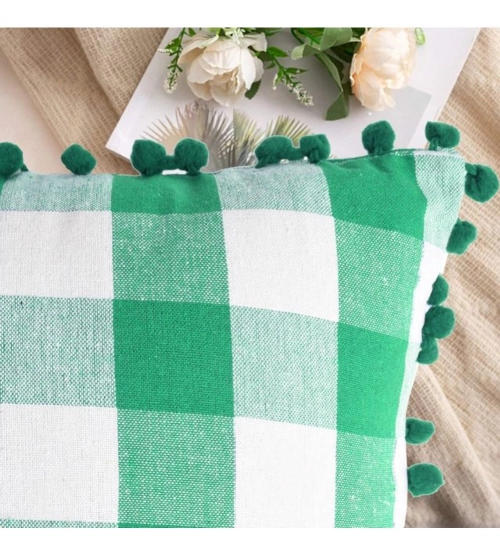 Pack Of_2 Cotton Checkered Cushion Cover With Pom Pom (Green, Size: 12x20 In)