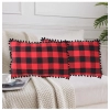 Dropship Pack Of_2 Cotton Checkered Cushion Cover With Pom Pom (Red &amp; Black, Size: 12x20 In)