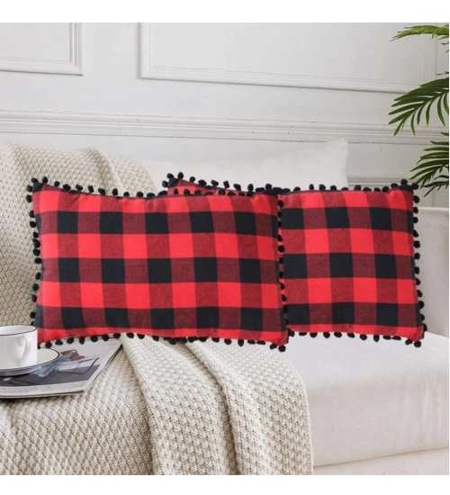 Pack Of_2 Cotton Checkered Cushion Cover With Pom Pom (Red & Black, Size: 12x20 In)